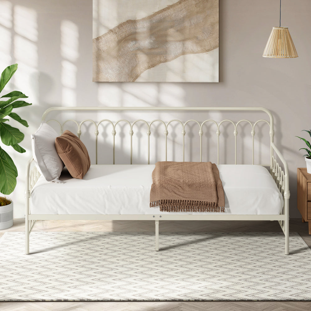 Metal Daybed Frame Single Size Sofa Bed Steel Slat Beige