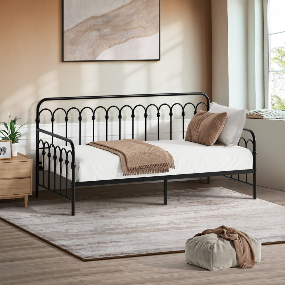 Metal Daybed Frame Single Size Sofa Bed Steel Slat Black