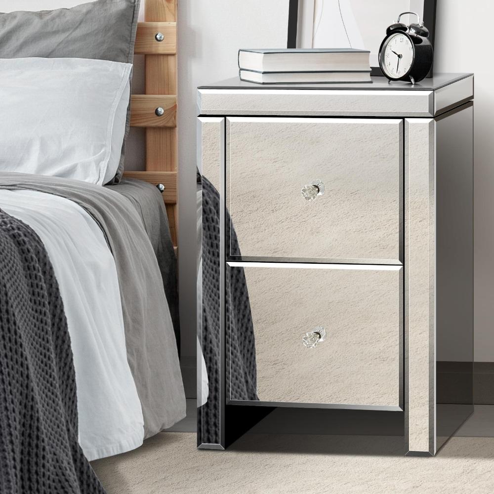 Mirrored Bedside Table with 2 Drawers Home Storage Cabiner Nightstand End Table Oikiture
