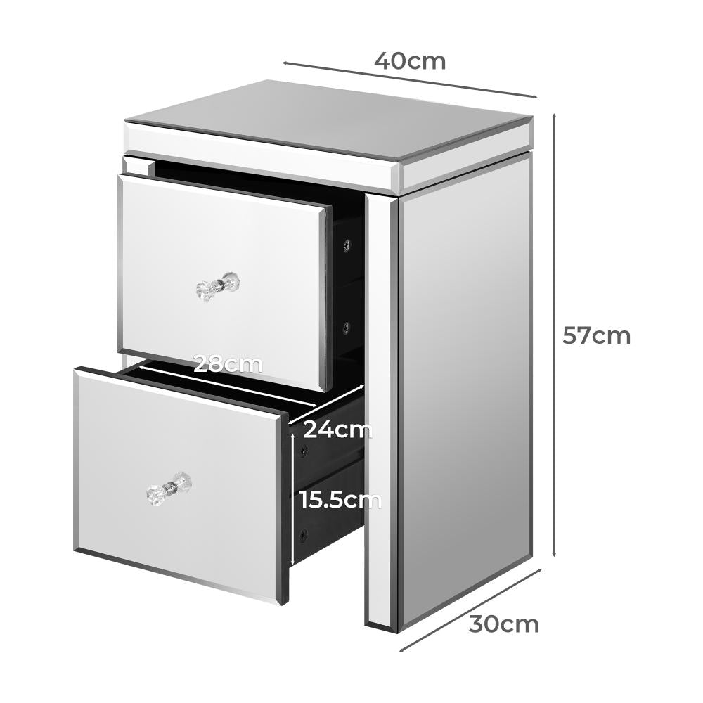 Mirrored Bedside Table with 2 Drawers Home Storage Cabiner Nightstand End Table Oikiture