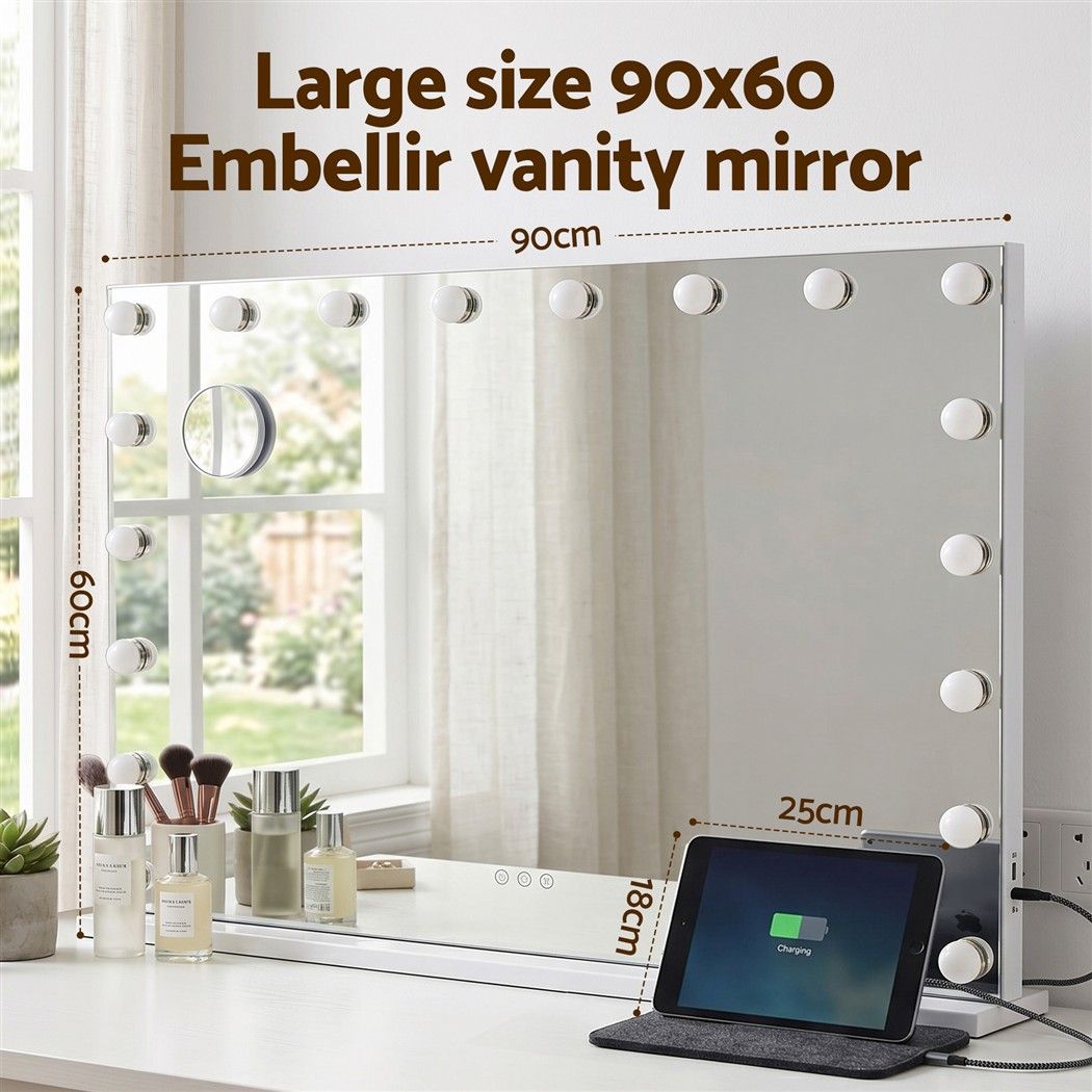 90x60cm Makeup Mirror Large Hollywood Vanity Mirror with 18 Dimmable LED Bulbs