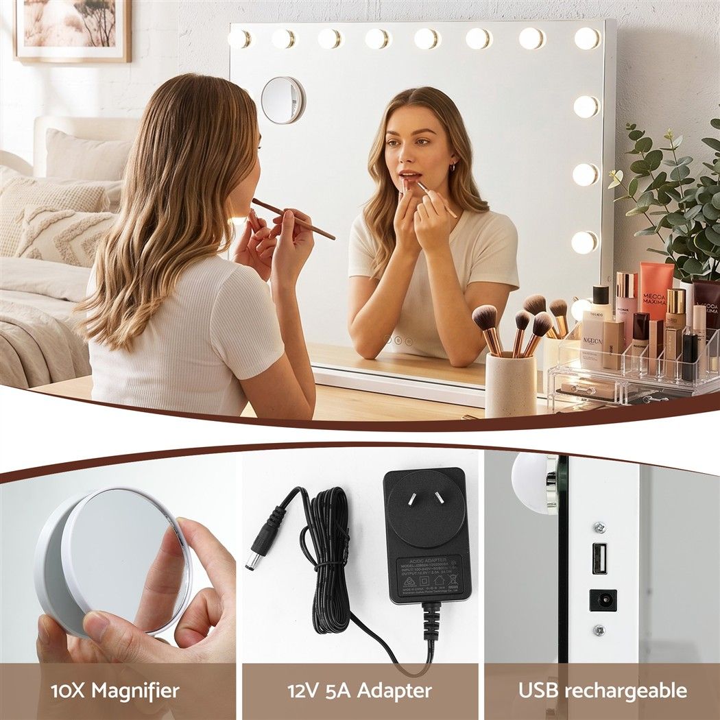 90x60cm Makeup Mirror Large Hollywood Vanity Mirror with 18 Dimmable LED Bulbs