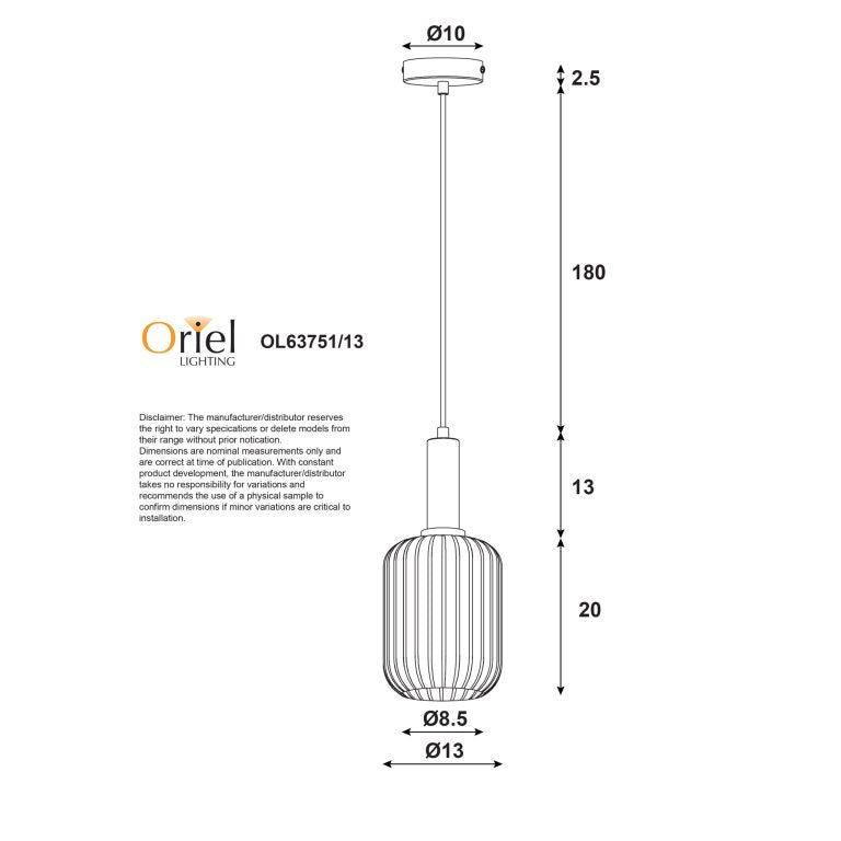 Oriel Lighting Luxe.130 Amber Ribbed Glass Pendant