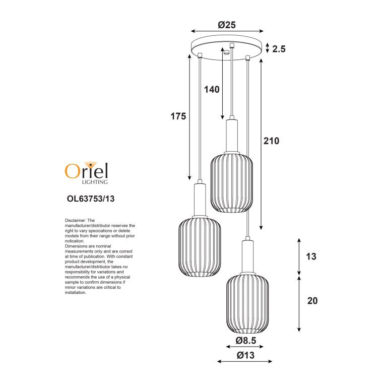 Oriel Lighting Luxe Trilight 3Lt Ribbed Glass Pendant