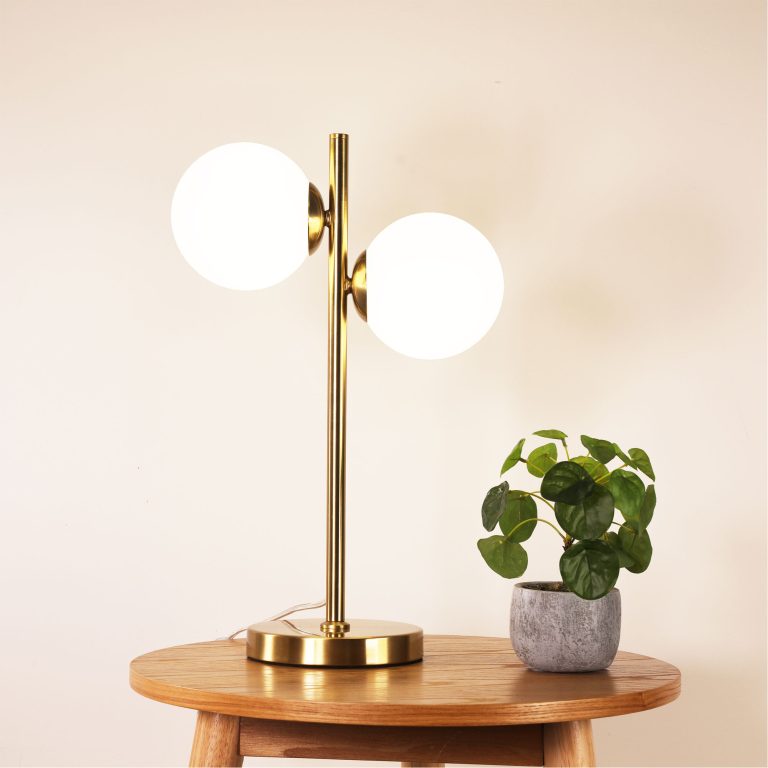 VALCROSS 2LT SATIN BRASS Decorative Table Lamp with Opal Matt Glass Spheres