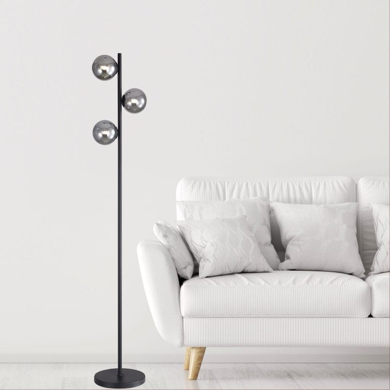 VALCROSS 3LT BLACK Decorative Floor Lamp with Smoke Glass Spheres