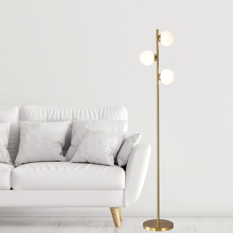 VALCROSS 3LT SATIN BRASS Decorative Floor Lamp with Opal Matt Glass Spheres