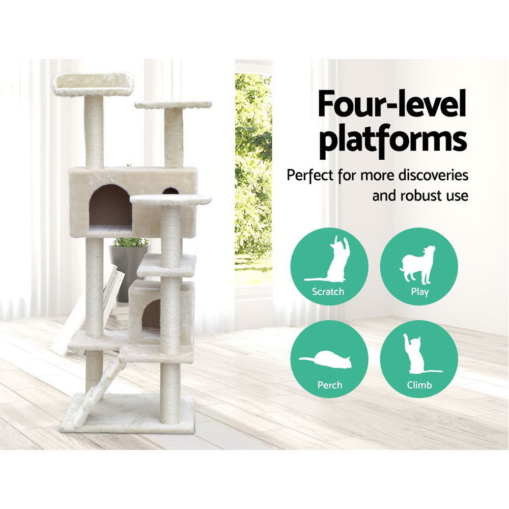 i.Pet Cat Tree 134cm Tower Scratching Post Scratcher Wood Condo House Bed Beige Big Bedding Australia