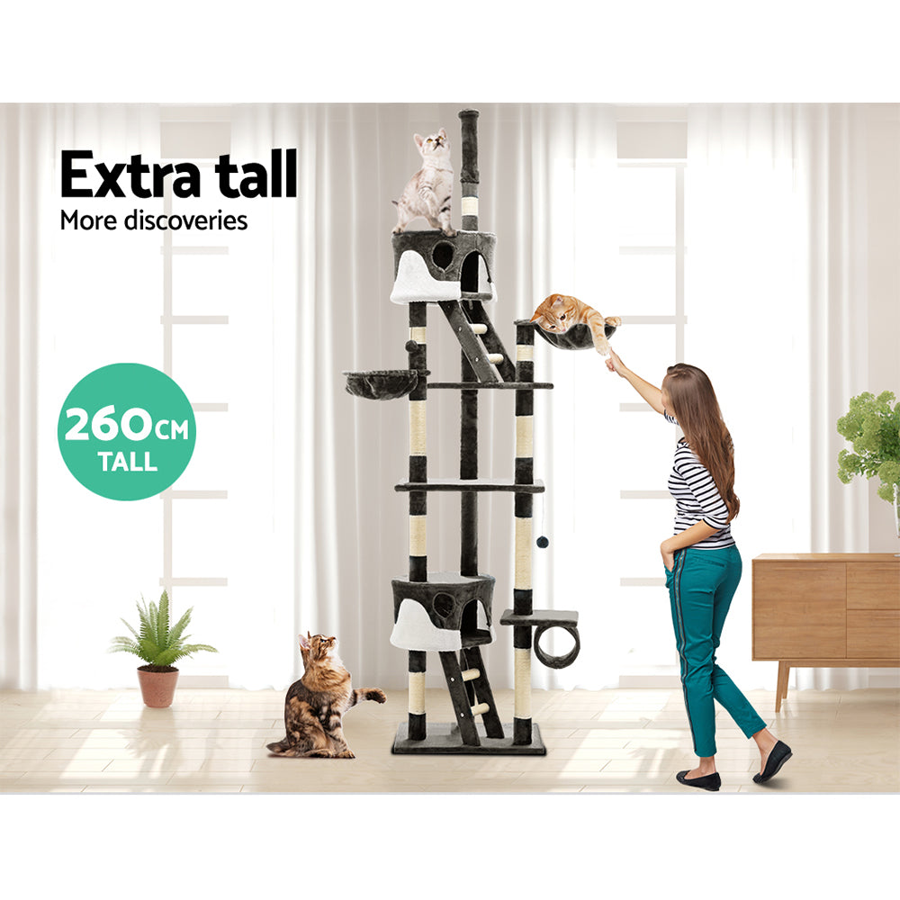 i.Pet Cat Tree 260cm Tower Scratching Post Scratcher Condo House Trees Grey Big Bedding Australia