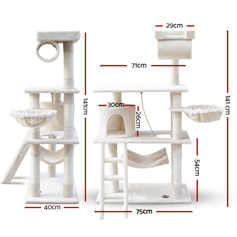 i.Pet Cat Tree 141cm Tower Scratching Post Scratcher Condo Wood House Bed Beige Big Bedding Australia