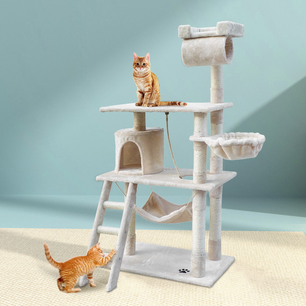 i.Pet Cat Tree 141cm Tower Scratching Post Scratcher Condo Wood House Bed Beige Big Bedding Australia
