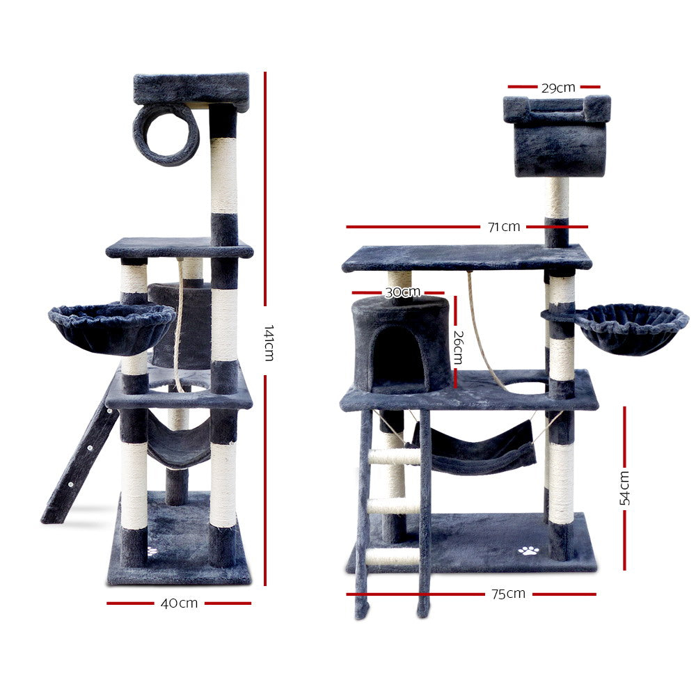 i.Pet Cat Tree 141cm Tower Scratching Post Scratcher Condo Wood House Bed Grey Big Bedding Australia