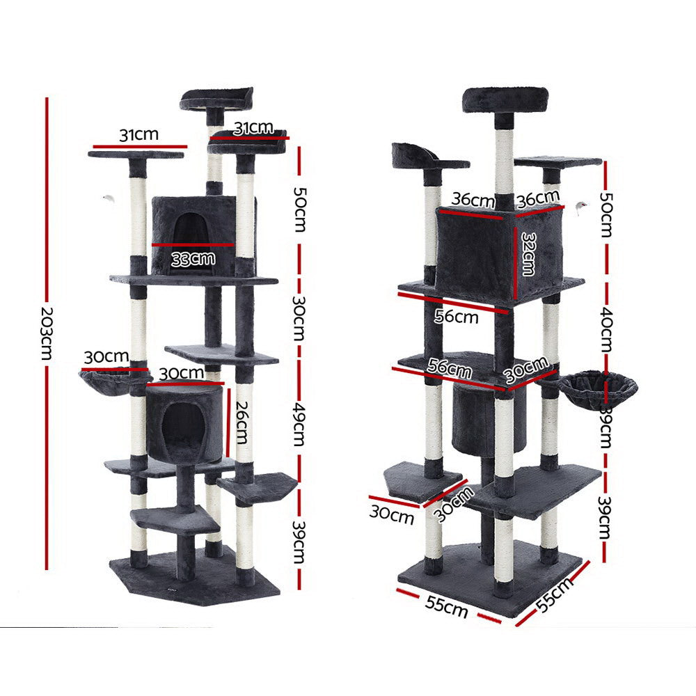 i.Pet Cat Tree 203cm Tower Scratching Post Scratcher Condo Trees House Bed Grey Big Bedding Australia