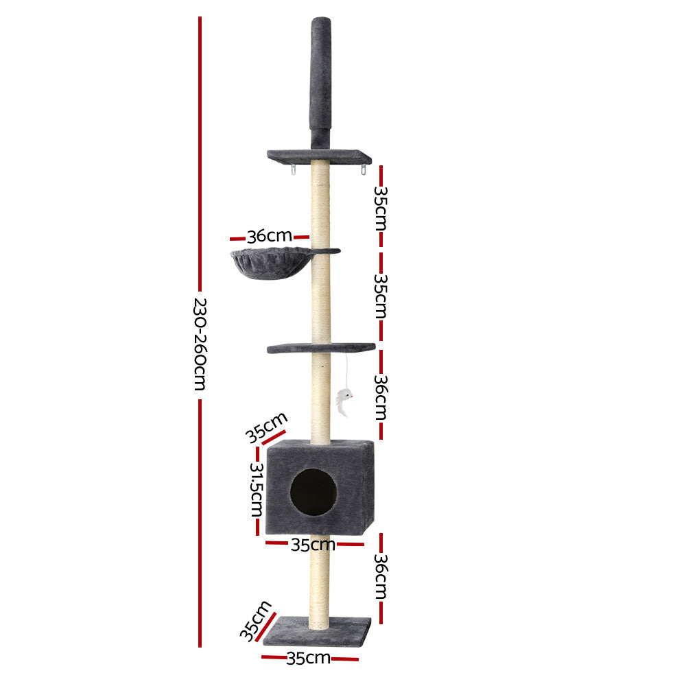i.Pet Cat Tree 260cm Tower Scratching Post Scratcher Floor to Ceiling Cats Bed Dark Grey Big Bedding Australia