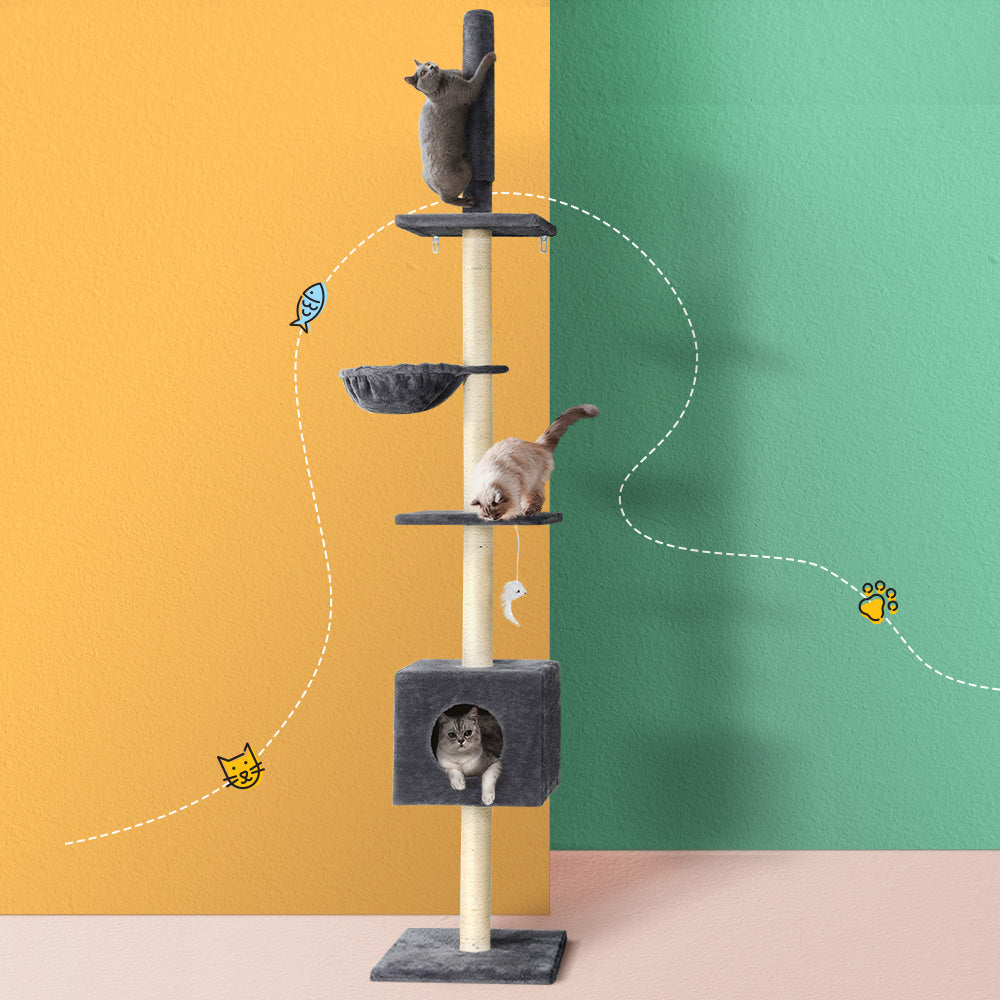 i.Pet Cat Tree 260cm Tower Scratching Post Scratcher Floor to Ceiling Cats Bed Dark Grey Big Bedding Australia