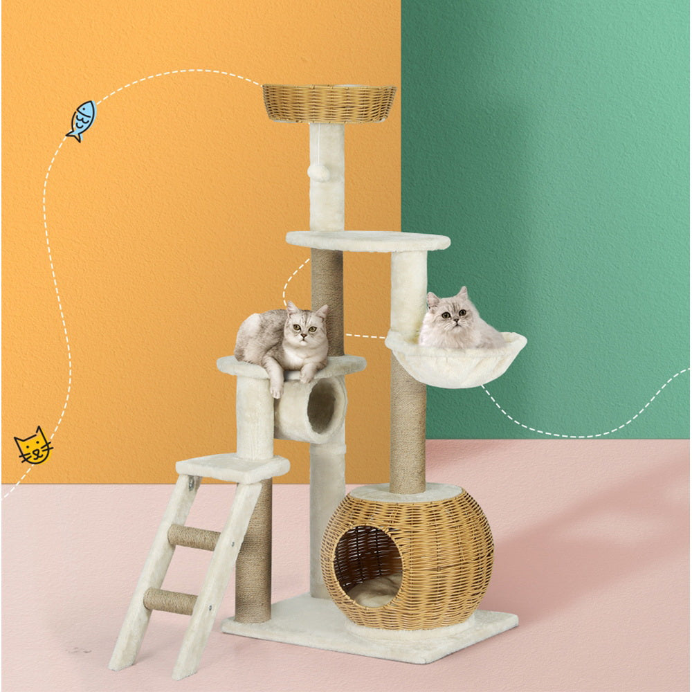i.Pet Cat Tree 138cm Tower Scratching Post Scratcher Wood Bed Condo House Rattan Ladder Big Bedding Australia