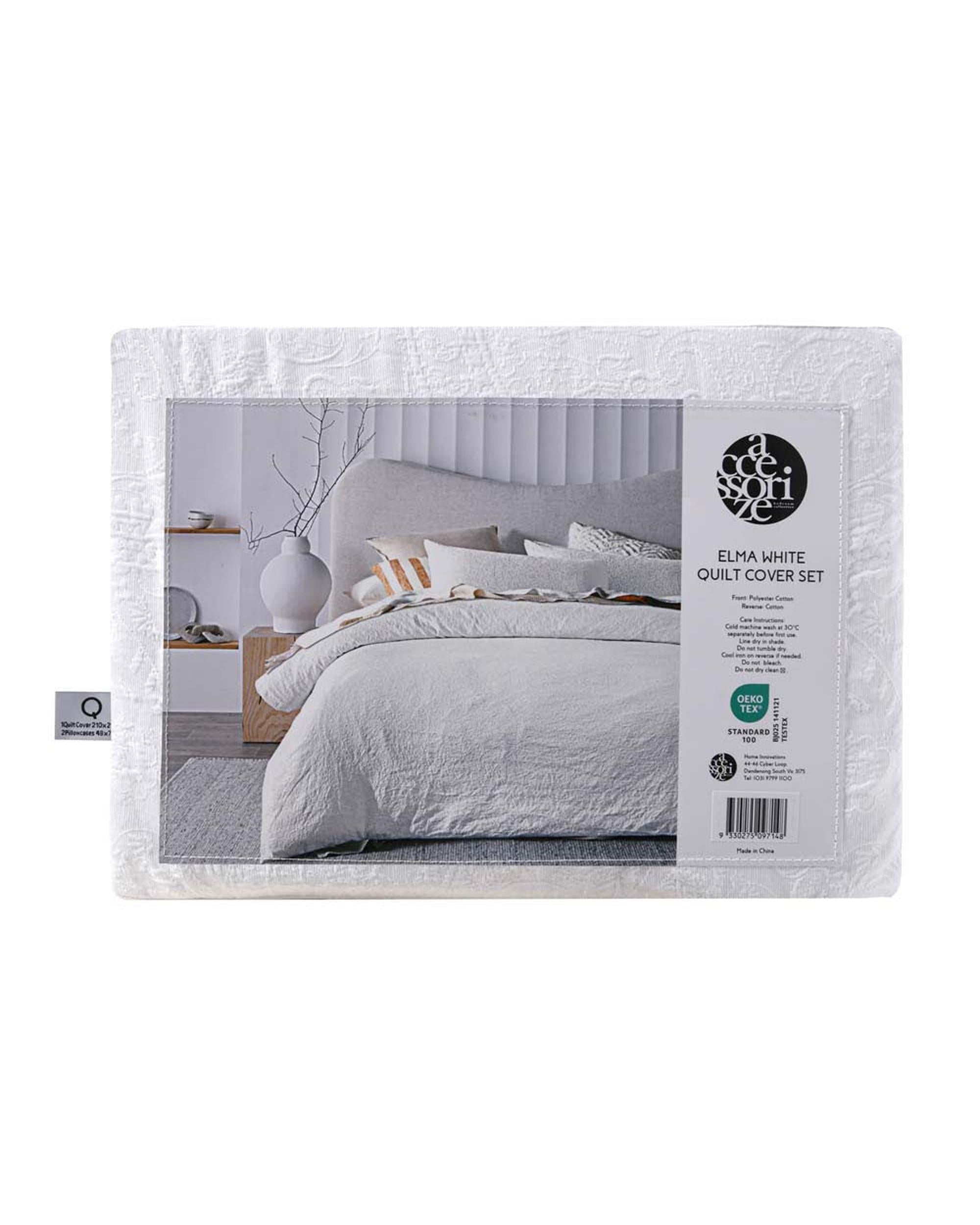 Accessorize Elma White Jacquard Quilt Cover Set - Queen Bed Vintage Design