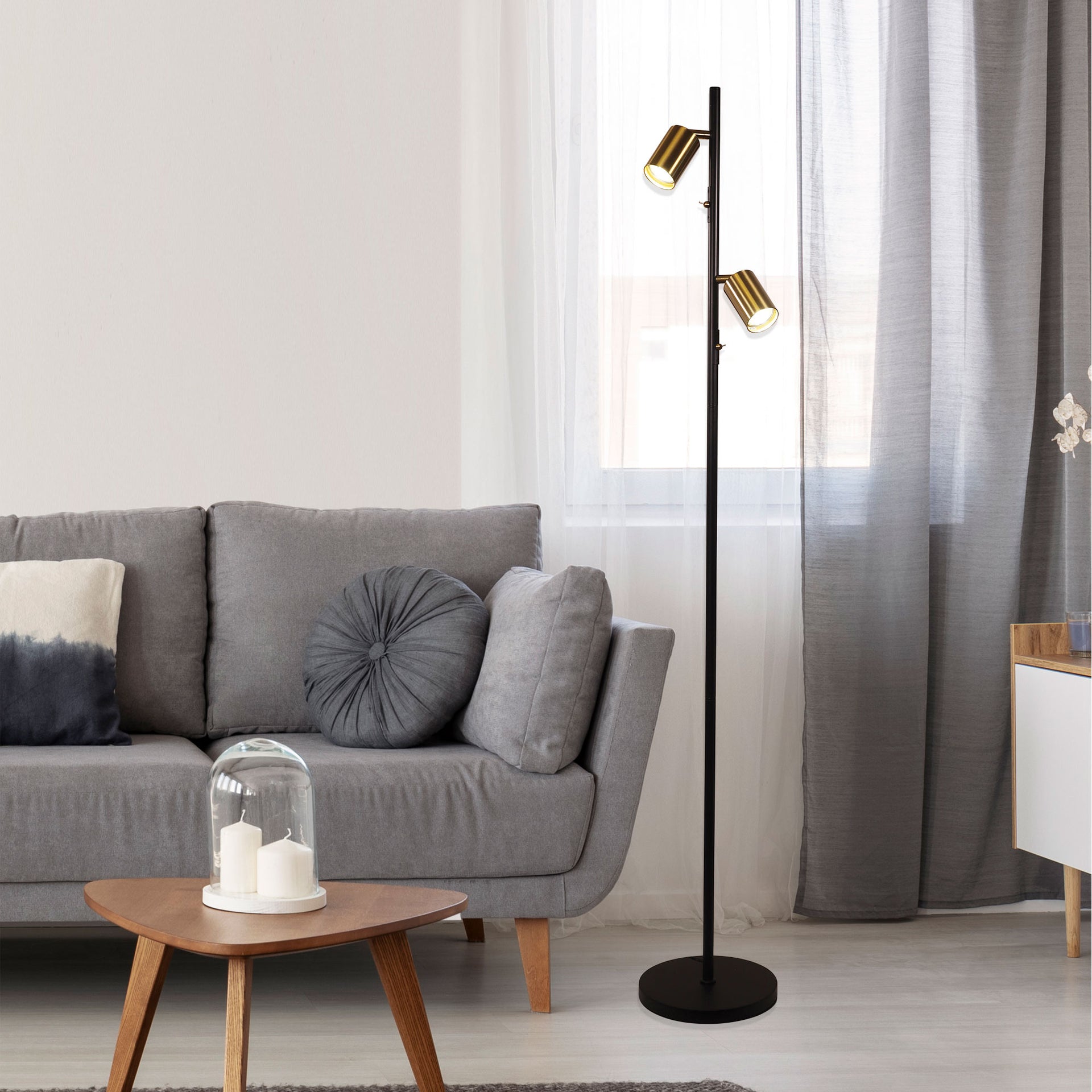 PONTE FLOOR BK/SB Adjustable Twin Floor Lamp Black and Satin Brass