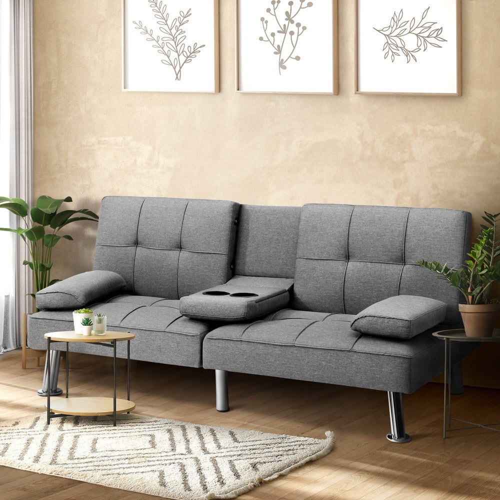 LIV 3 Seater Sofa Bed with Cup Holders Grey Fabric Oikiture