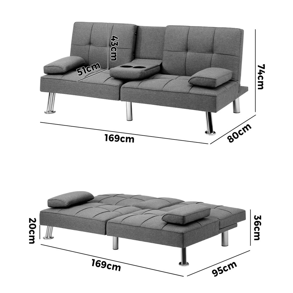 LIV 3 Seater Sofa Bed with Cup Holders Grey Fabric Oikiture