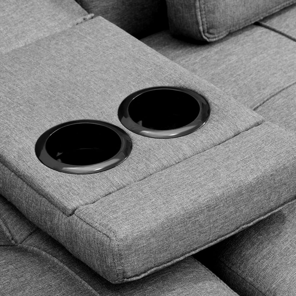 LIV 3 Seater Sofa Bed with Cup Holders Grey Fabric Oikiture