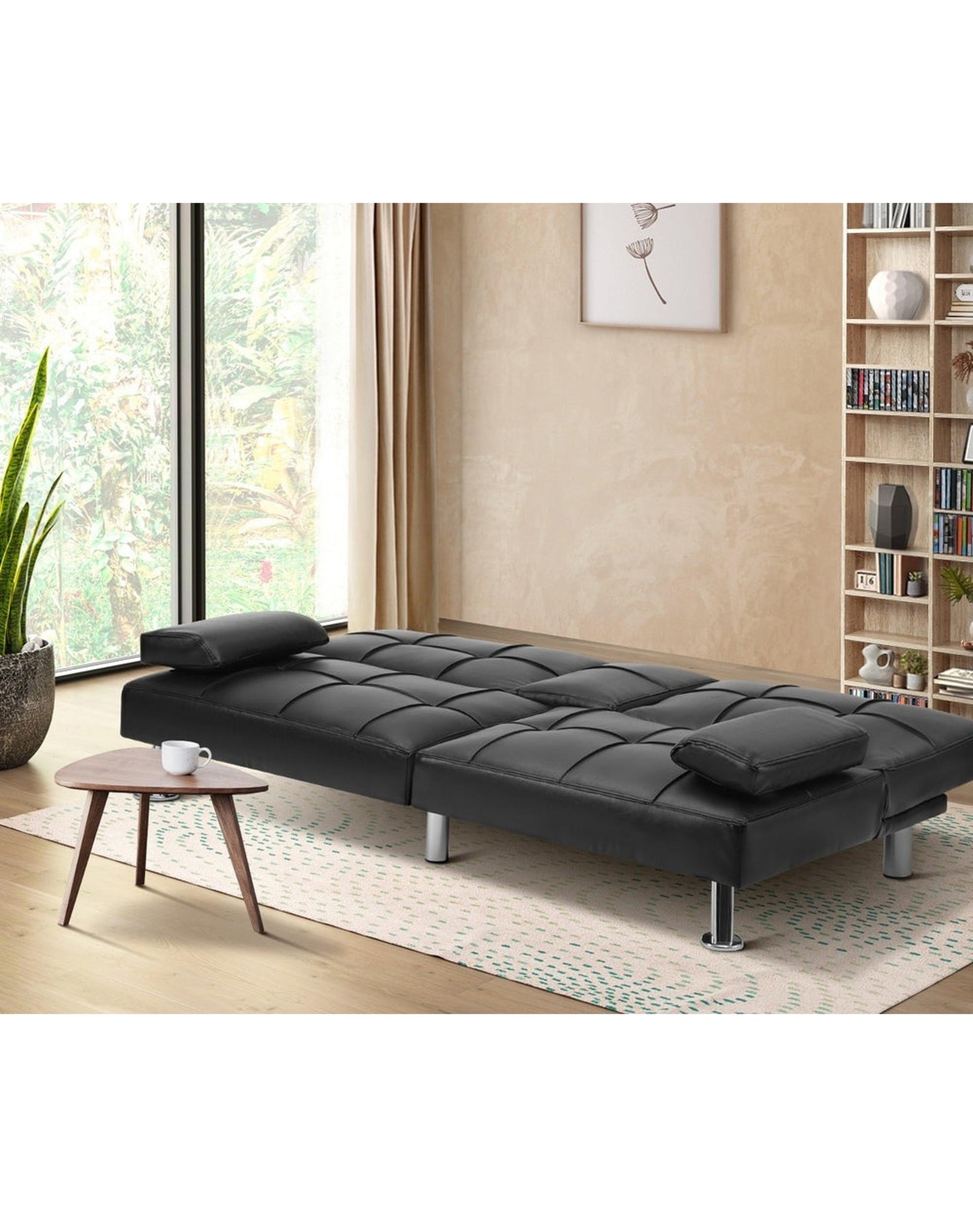 SEPPI 3-Seater Sofa Bed with Cup Holders Black Leather Oikiture