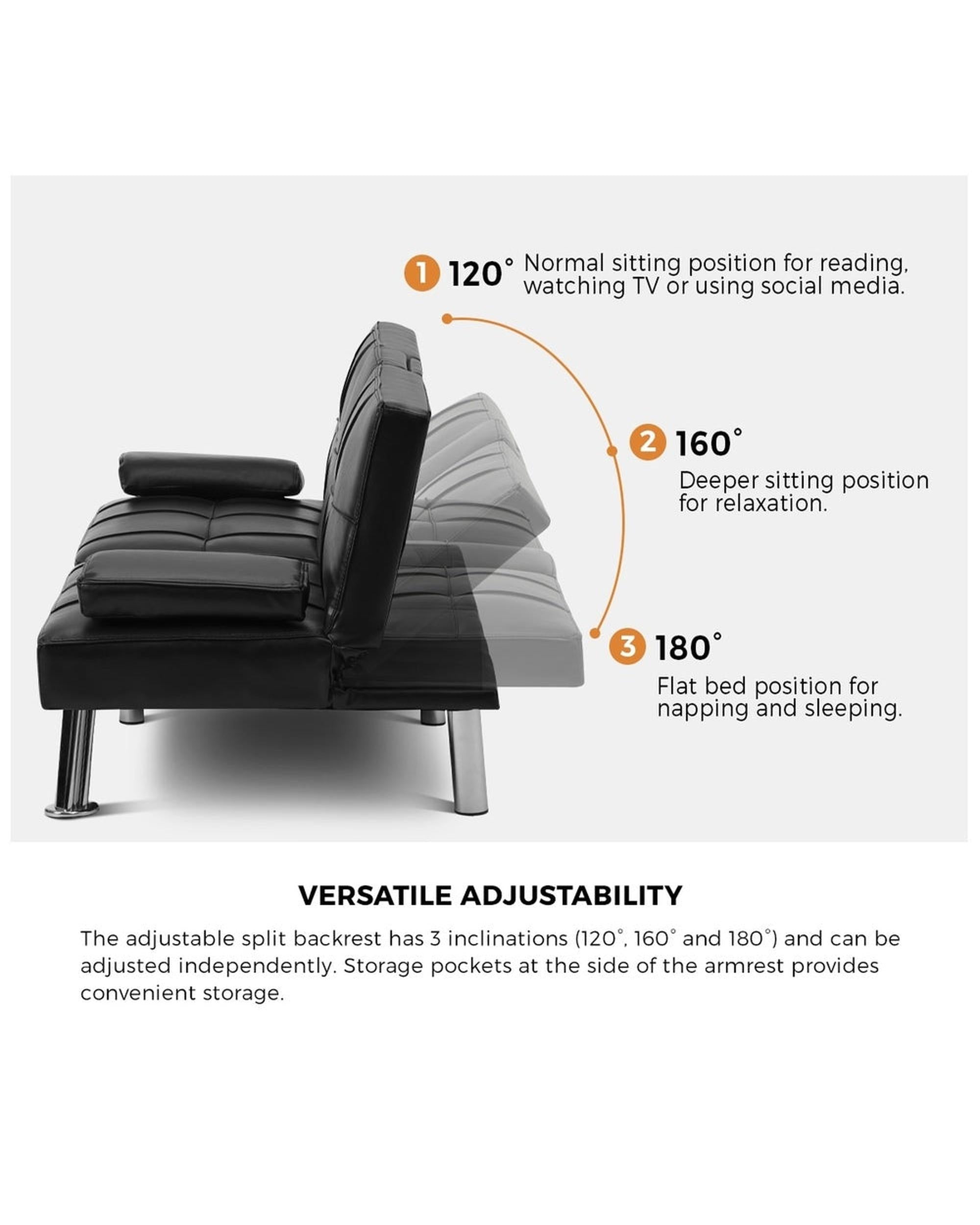 SEPPI 3-Seater Sofa Bed with Cup Holders Black Leather Oikiture