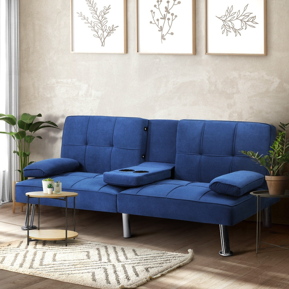 ALANA Sofa Bed 3 Seater with Cup Holder Velvet Blue Oikiture