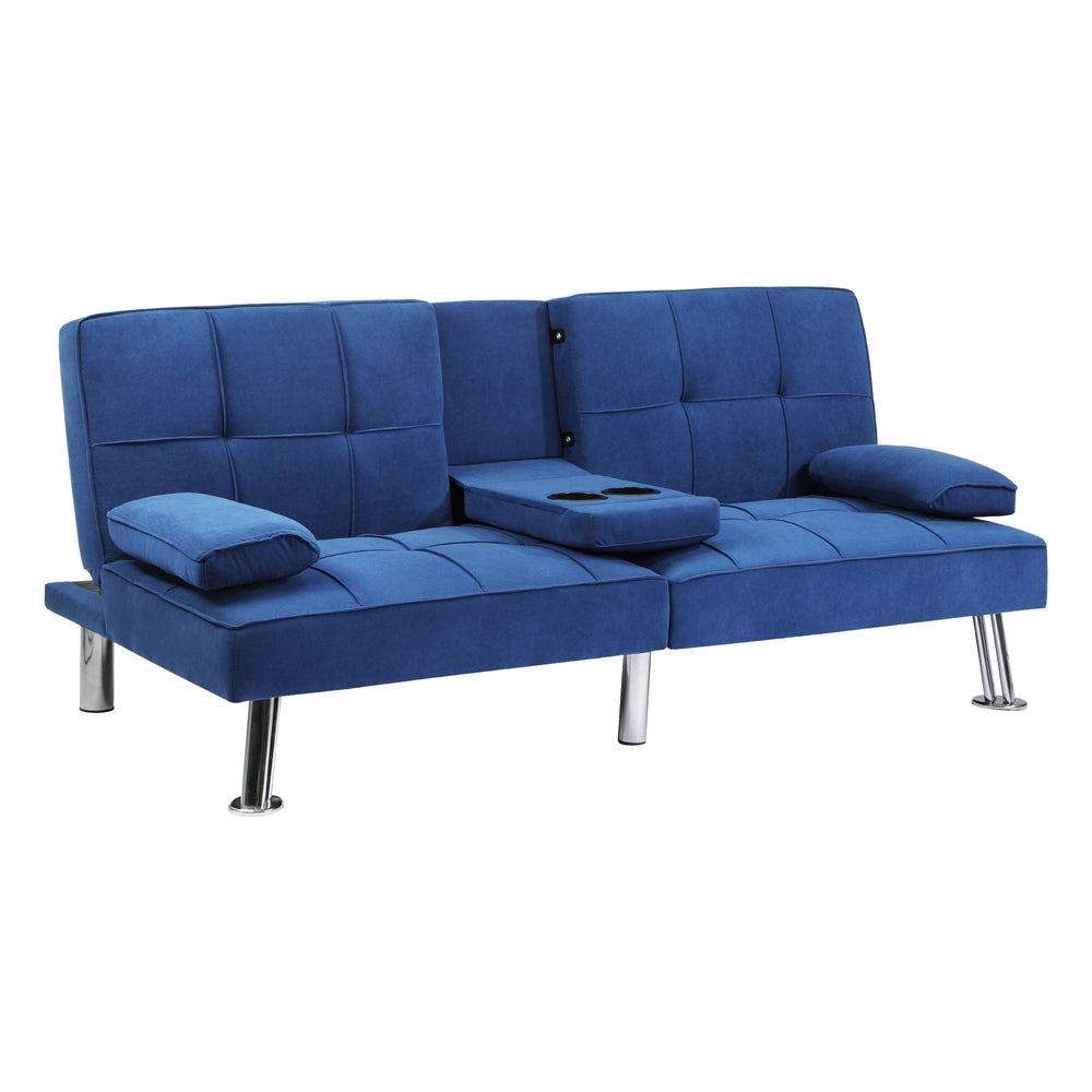 ALANA Sofa Bed 3 Seater with Cup Holder Velvet Blue Oikiture