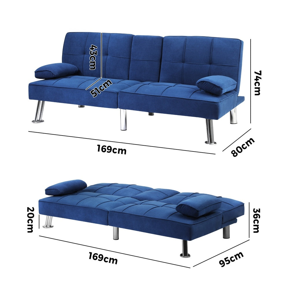 ALANA Sofa Bed 3 Seater with Cup Holder Velvet Blue Oikiture