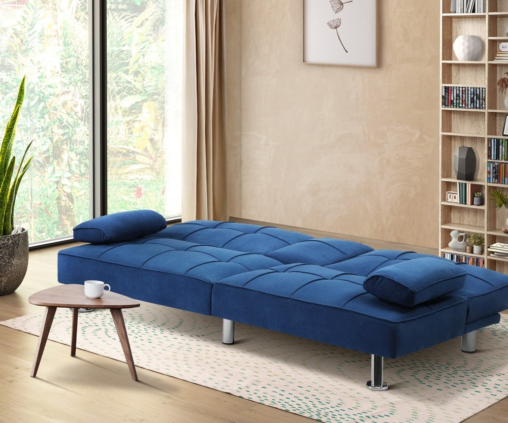 ALANA Sofa Bed 3 Seater with Cup Holder Velvet Blue Oikiture