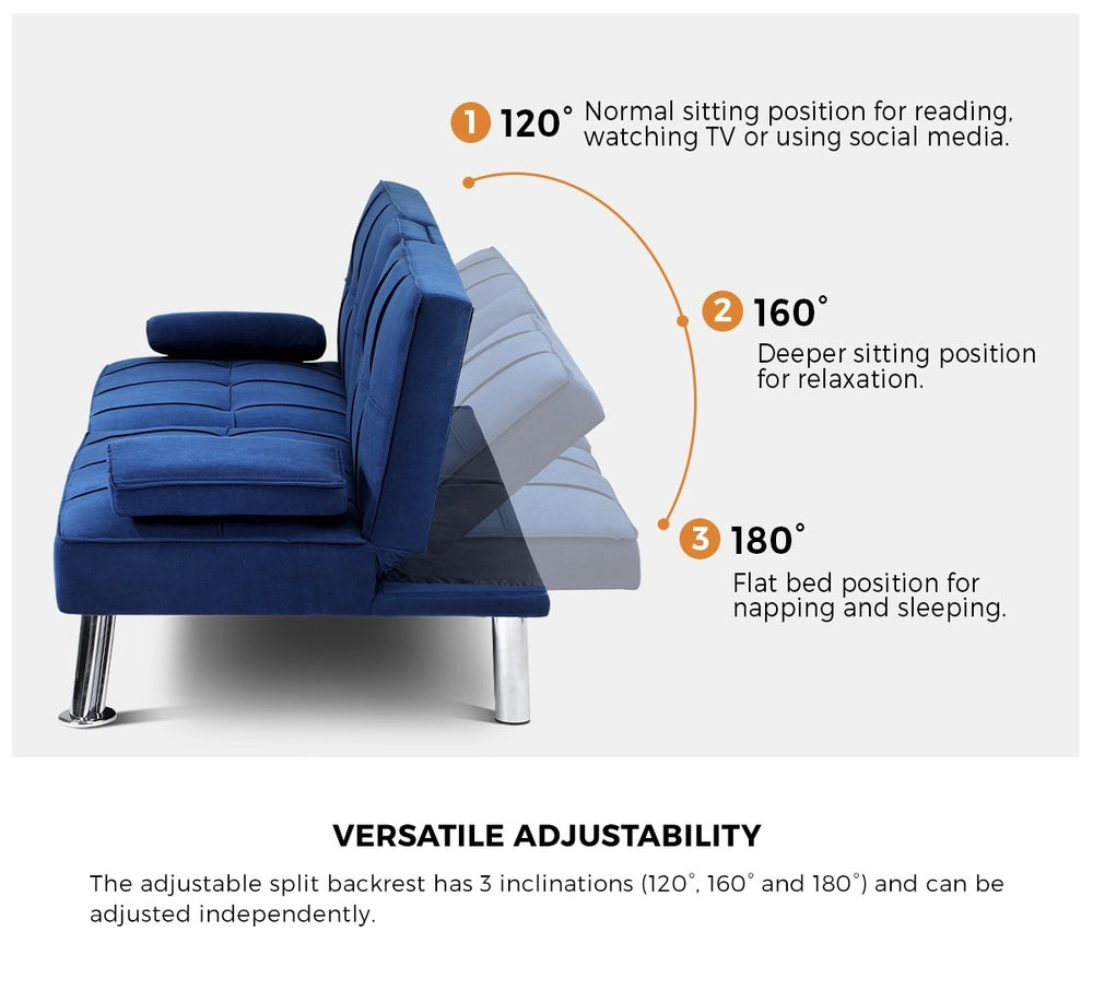 ALANA Sofa Bed 3 Seater with Cup Holder Velvet Blue Oikiture