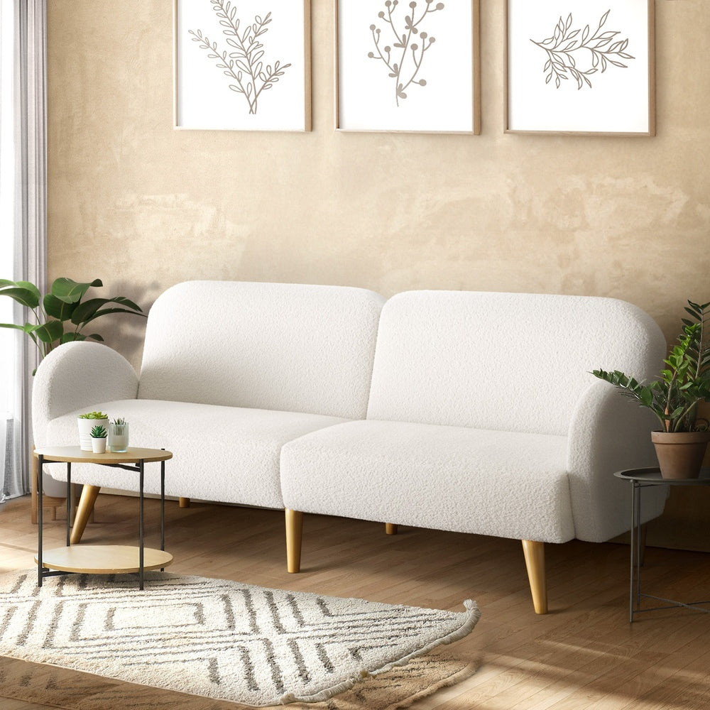 Boucle Sofa Bed 3 Seater Adjustable Backrest Sherpa White