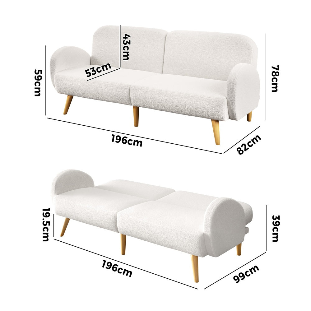 Boucle Sofa Bed 3 Seater Adjustable Backrest Sherpa White