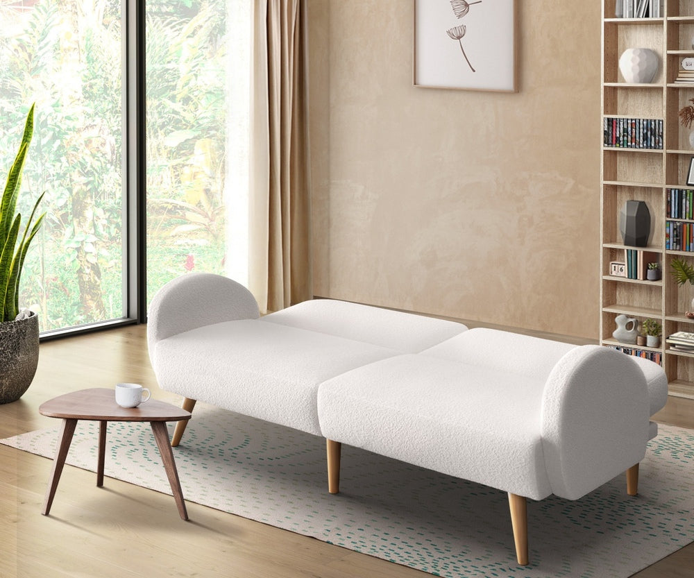 Boucle Sofa Bed 3 Seater Adjustable Backrest Sherpa White