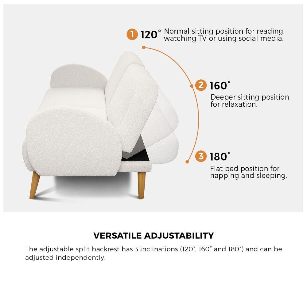Boucle Sofa Bed 3 Seater Adjustable Backrest Sherpa White