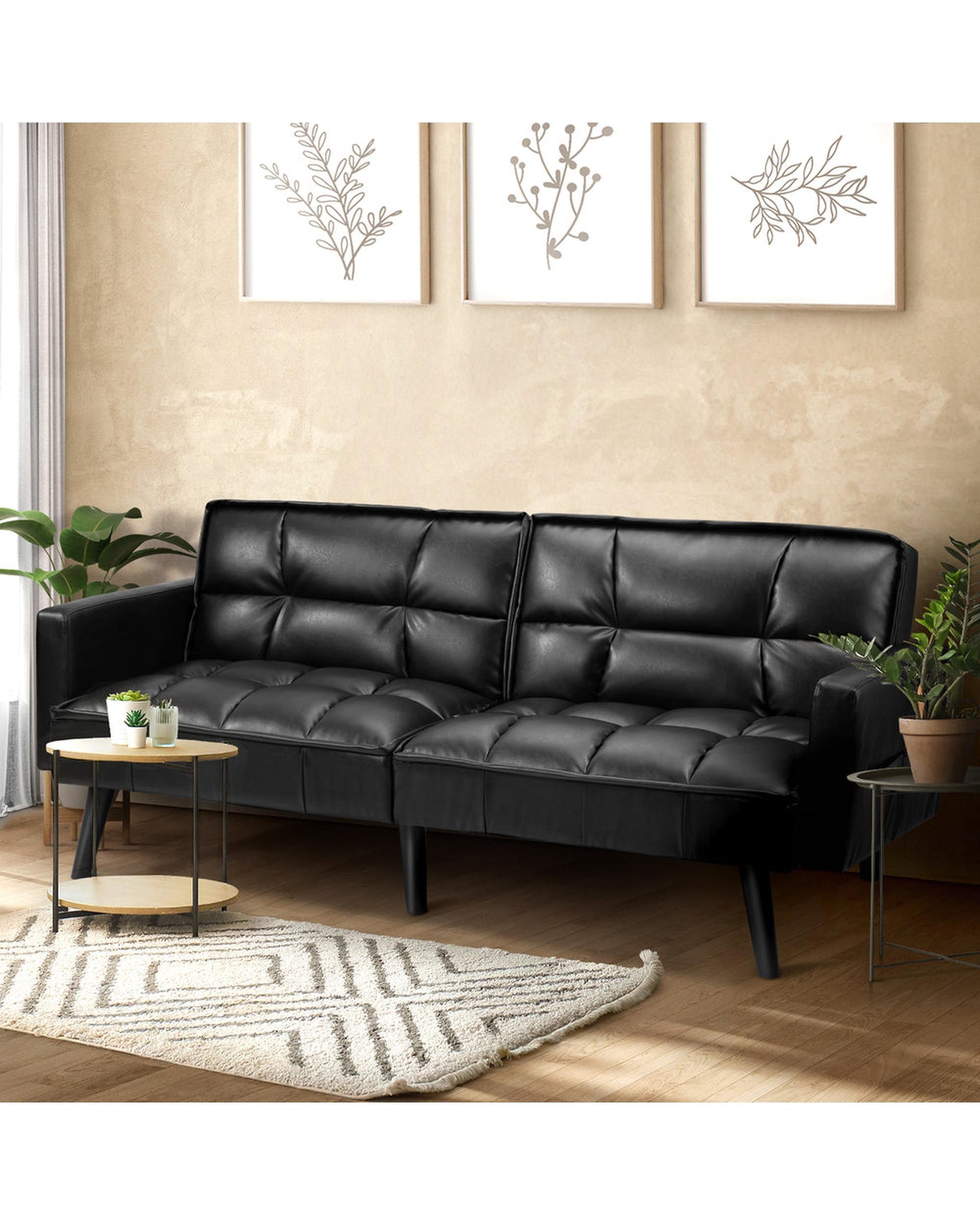 NOVA Sofa Bed Futon Convertible Leather 3-Seater Black Milano Decor