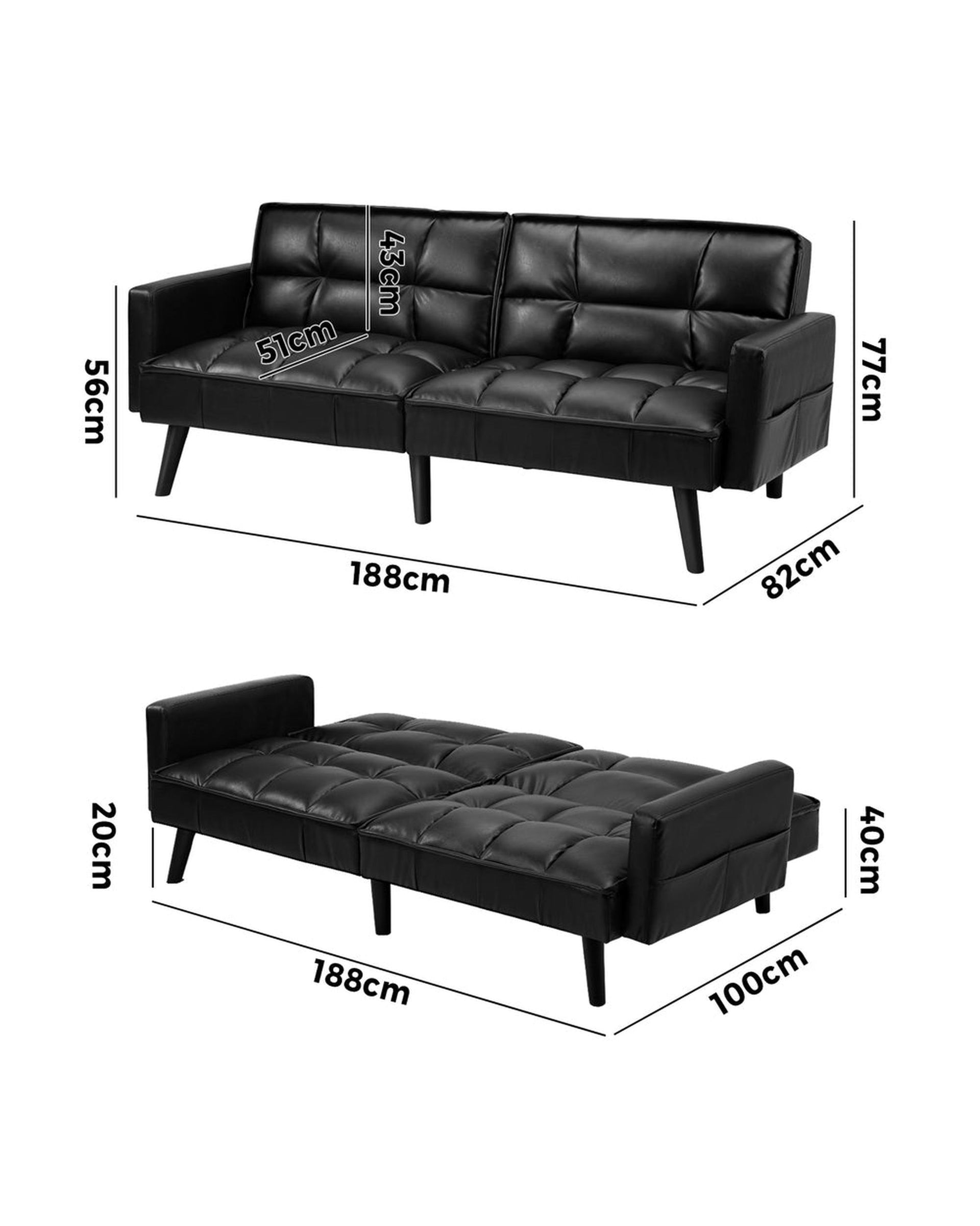 NOVA Sofa Bed Futon Convertible Leather 3-Seater Black Milano Decor