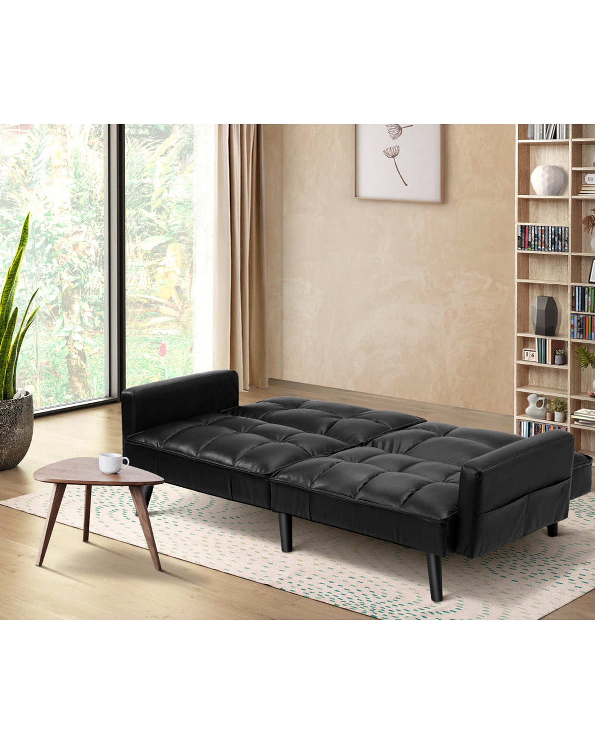 NOVA Sofa Bed Futon Convertible Leather 3-Seater Black Milano Decor