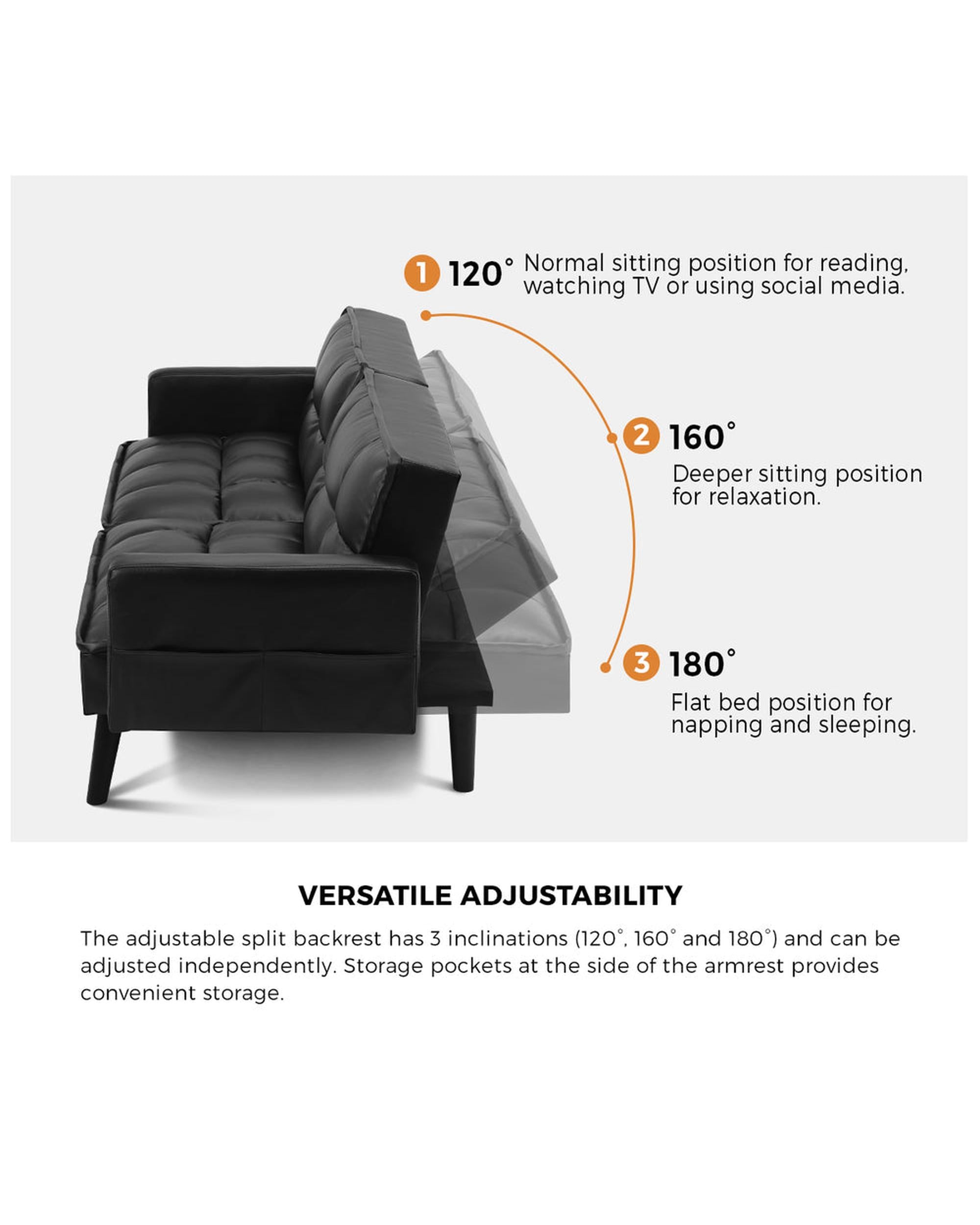 NOVA Sofa Bed Futon Convertible Leather 3-Seater Black Milano Decor