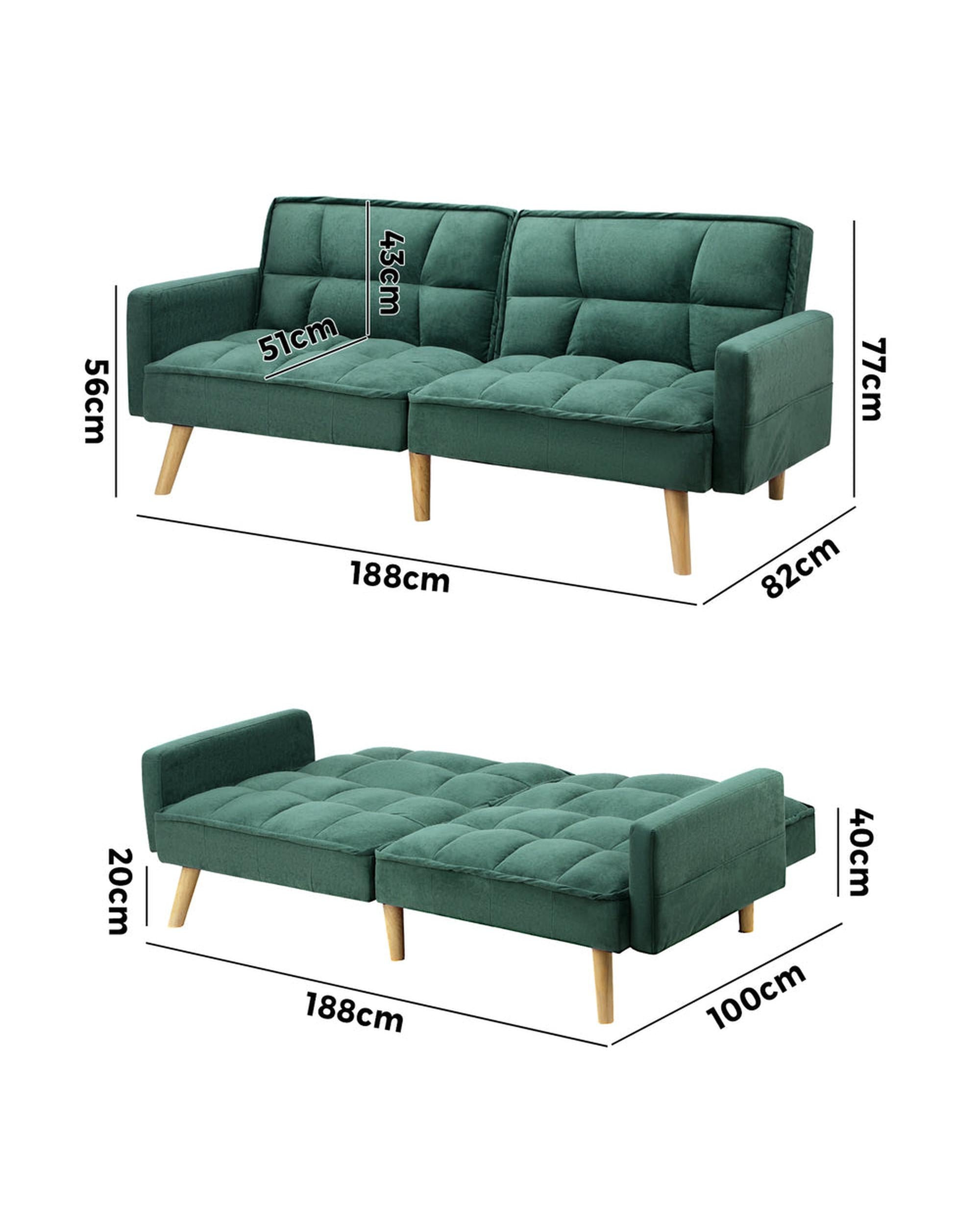 SOFIA Sofa Bed Velvet 3-Seater Green Milano Decor