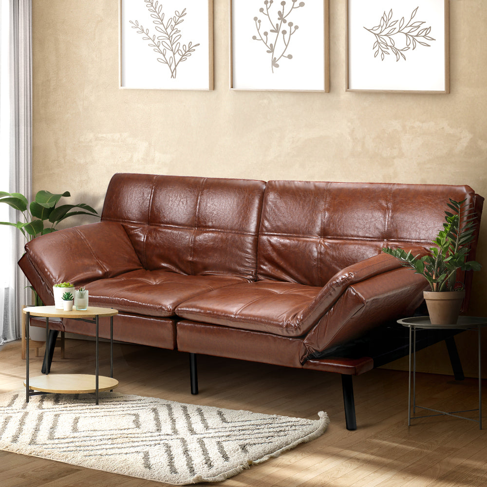 FELICIA Sofa Bed Convertible Leather 3-Seater Brown Milano Decor
