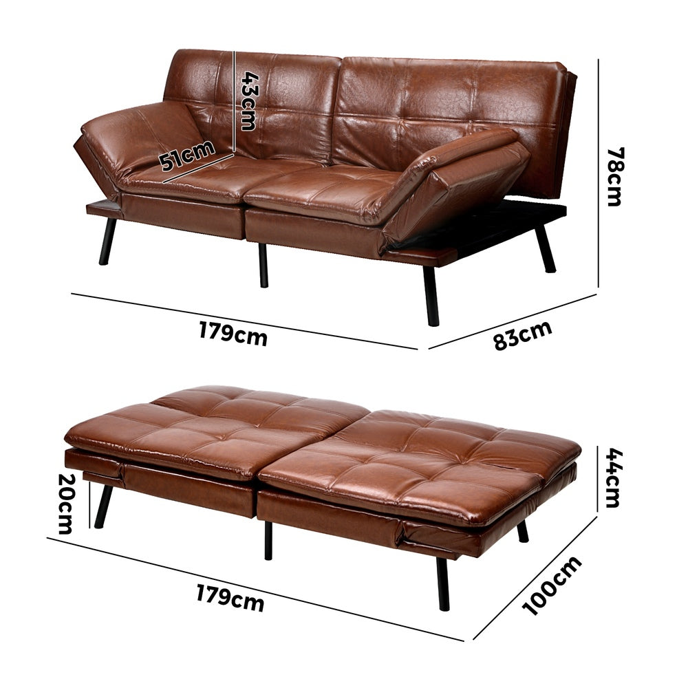 FELICIA Sofa Bed Convertible Leather 3-Seater Brown Milano Decor