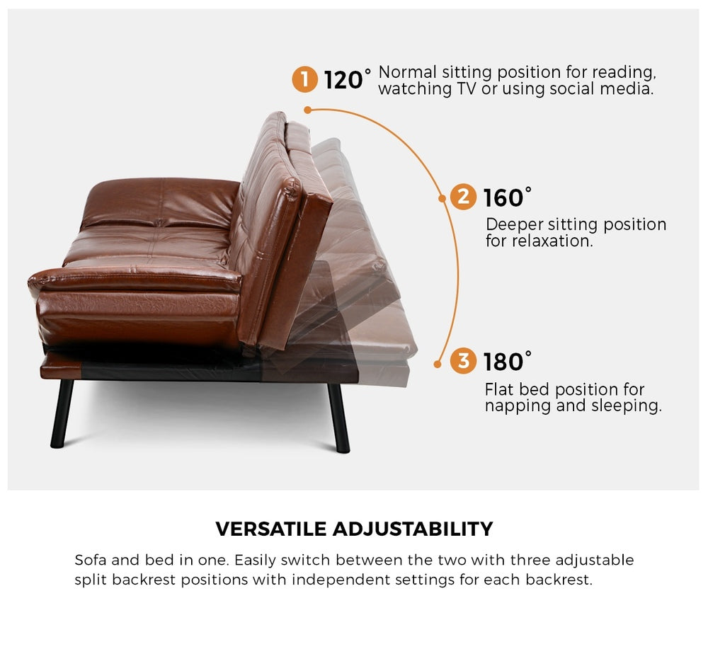 FELICIA Sofa Bed Convertible Leather 3-Seater Brown Milano Decor