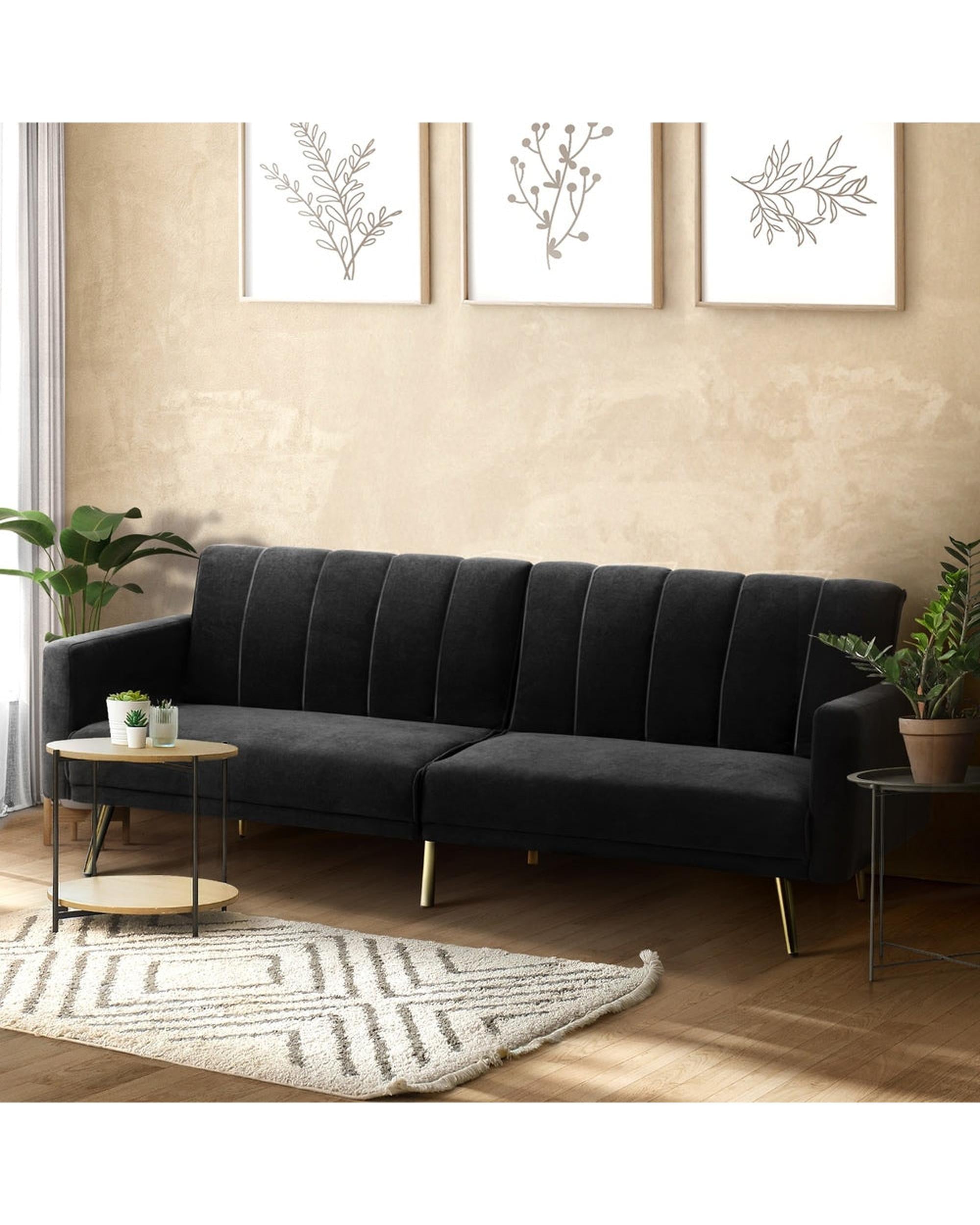 TRI 3-Seater Sofa Bed Velvet Black Oikiture