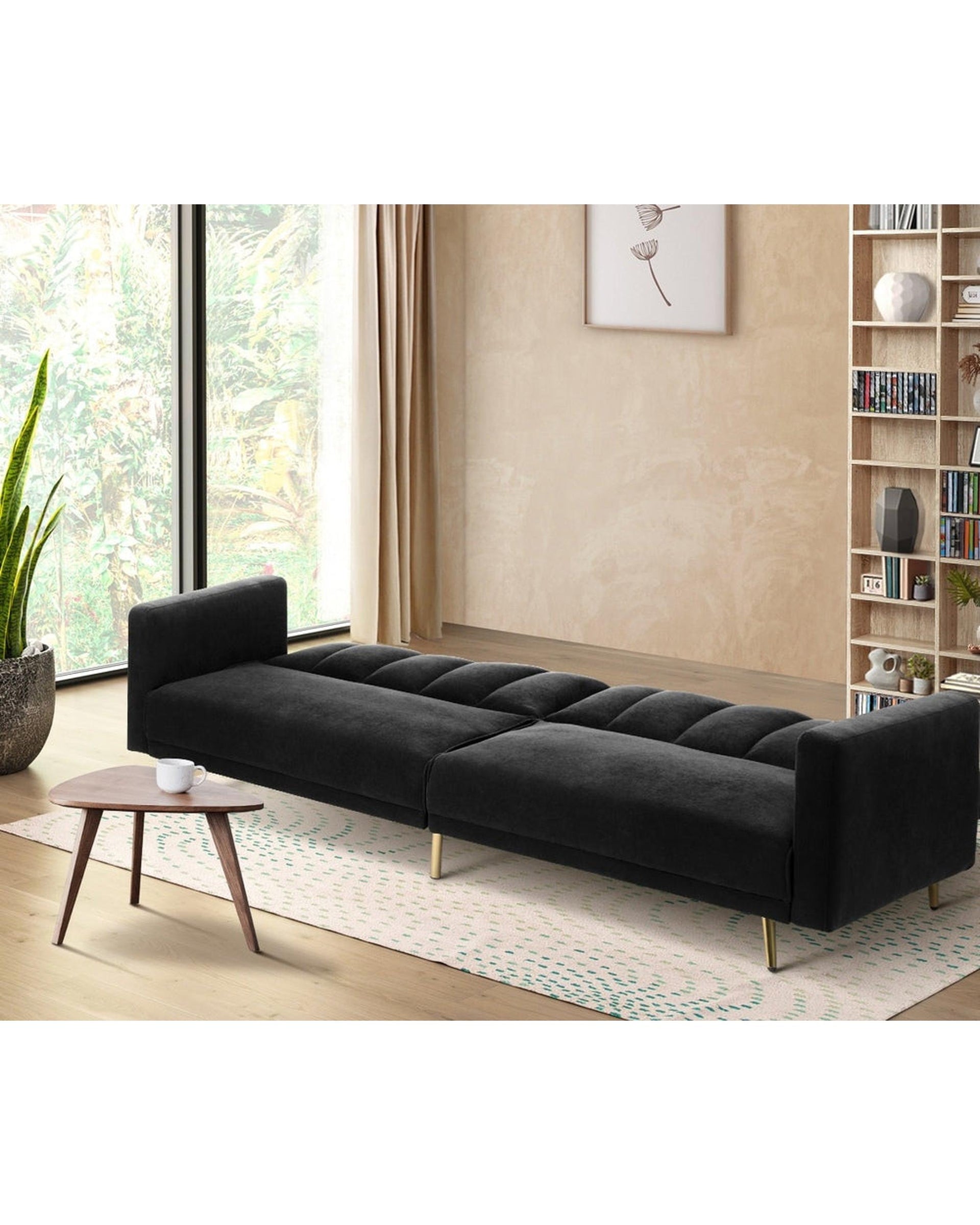 TRI 3-Seater Sofa Bed Velvet Black Oikiture