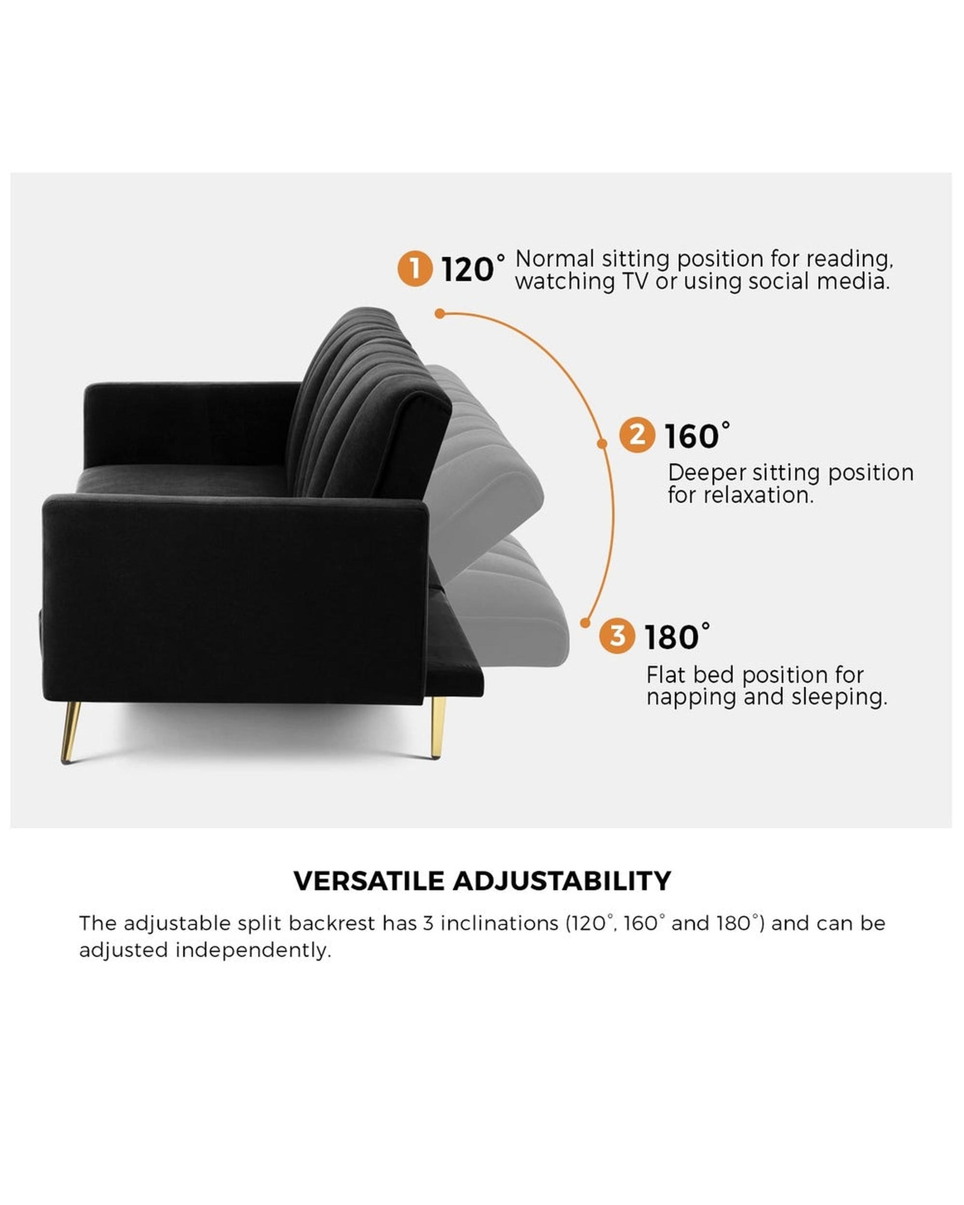 TRI 3-Seater Sofa Bed Velvet Black Oikiture