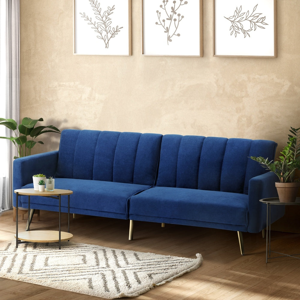 TRES 3 Seater Sofa Bed Velvet Blue Oikiture