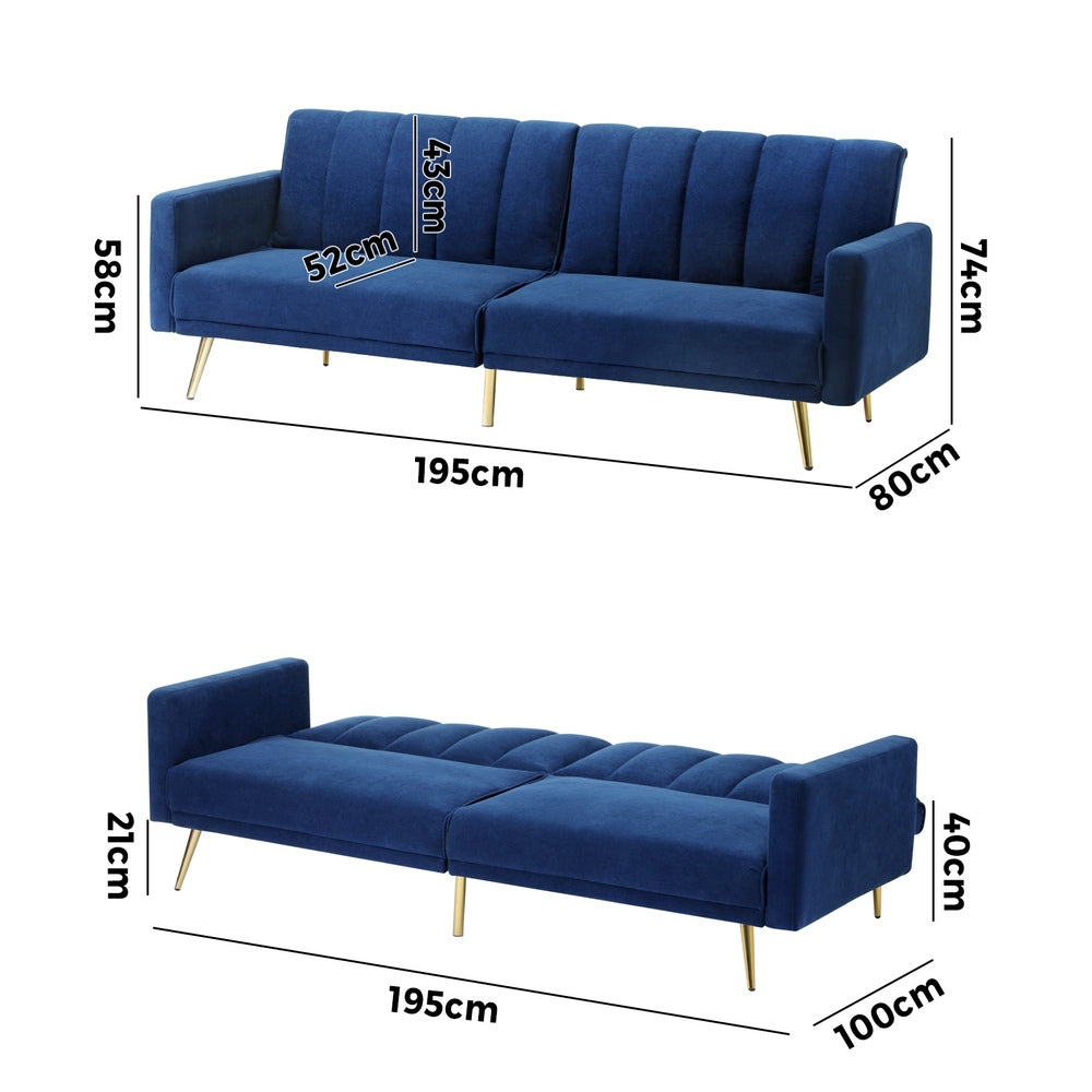 TRES 3 Seater Sofa Bed Velvet Blue Oikiture