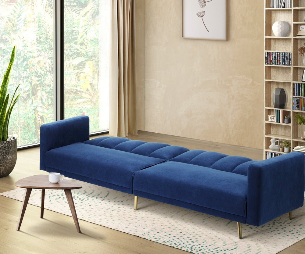 TRES 3 Seater Sofa Bed Velvet Blue Oikiture